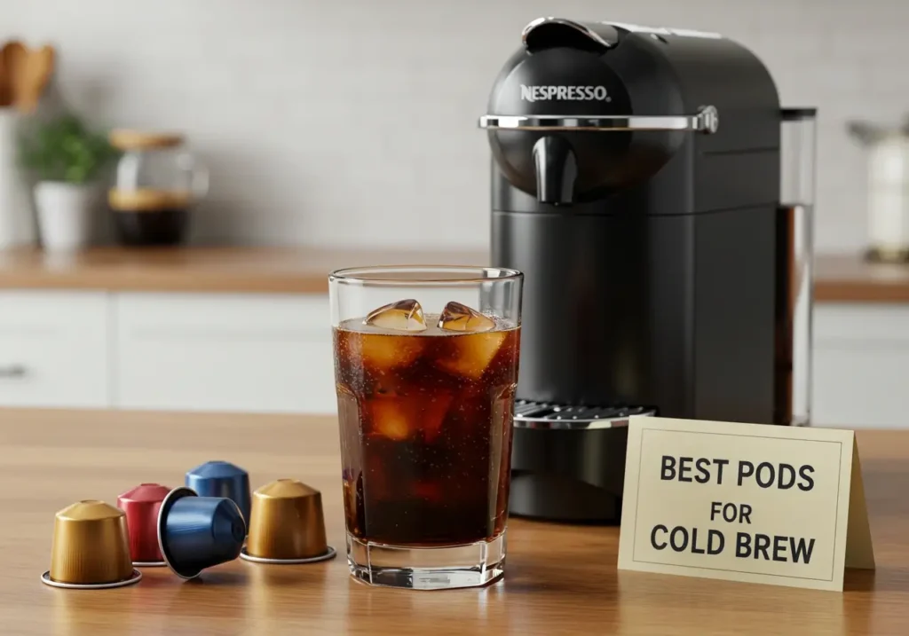 Tall glass of cold brew with ice and Nespresso Vertuo pods next to Vertuo machine in elegant kitchen