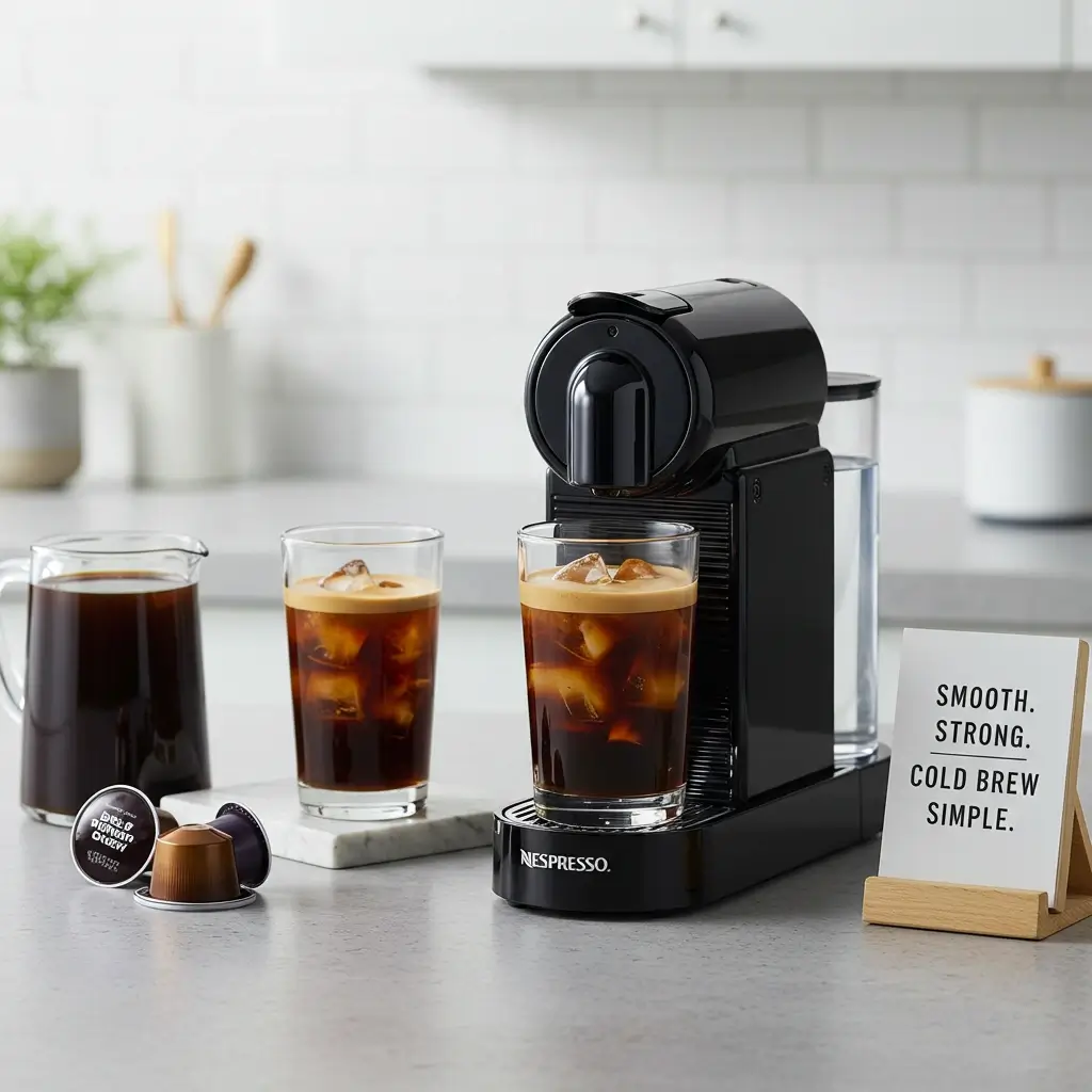 Nespresso Vertuo brewing iced coffee with pods and cold brew concentrate on modern countertop