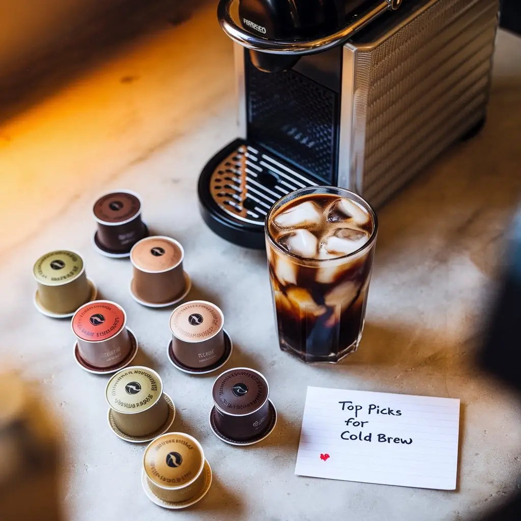 Flat lay of Nespresso Vertuo pods next to iced coffee and handwritten cold brew notecard