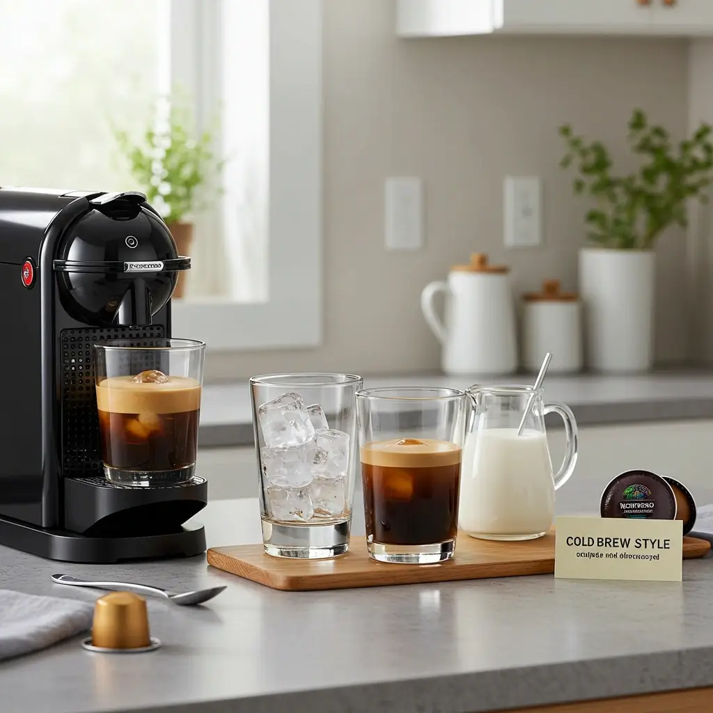 Step-by-step Nespresso Vertuo cold brew preparation with iced glass, fridge glass, and milk addition