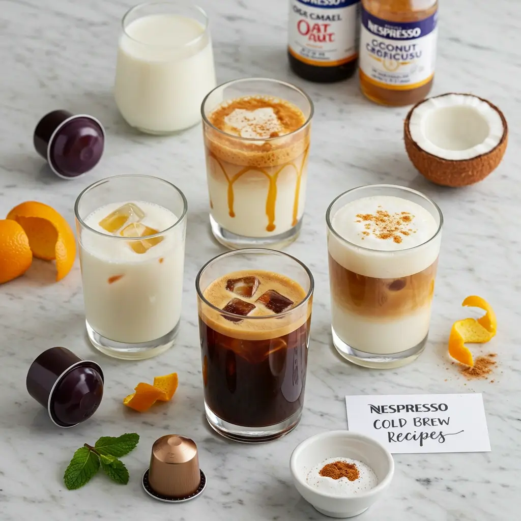 Flat lay of three Nespresso Vertuo cold brews with flavorings and garnishes on marble countertop