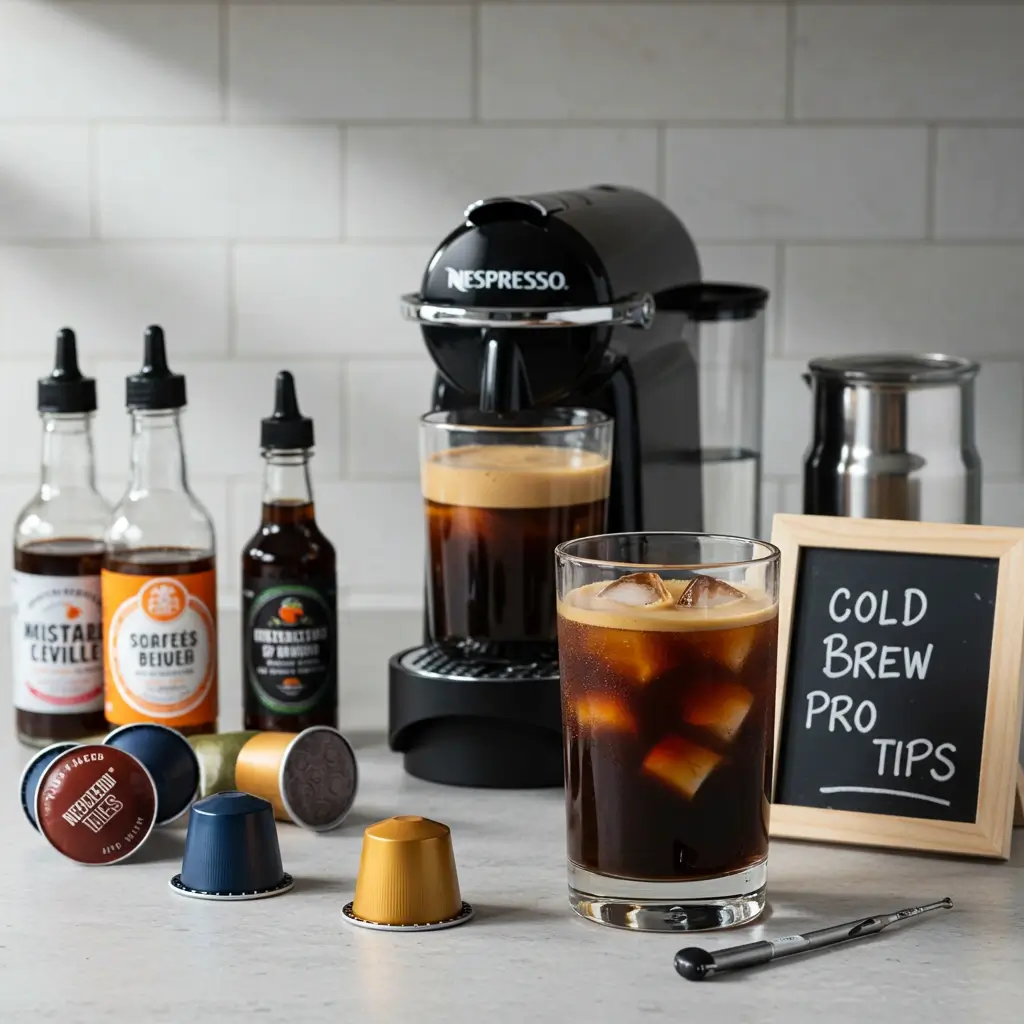 Modern home coffee setup with Nespresso Vertuo, cold brew glass, pods, and brewing tools