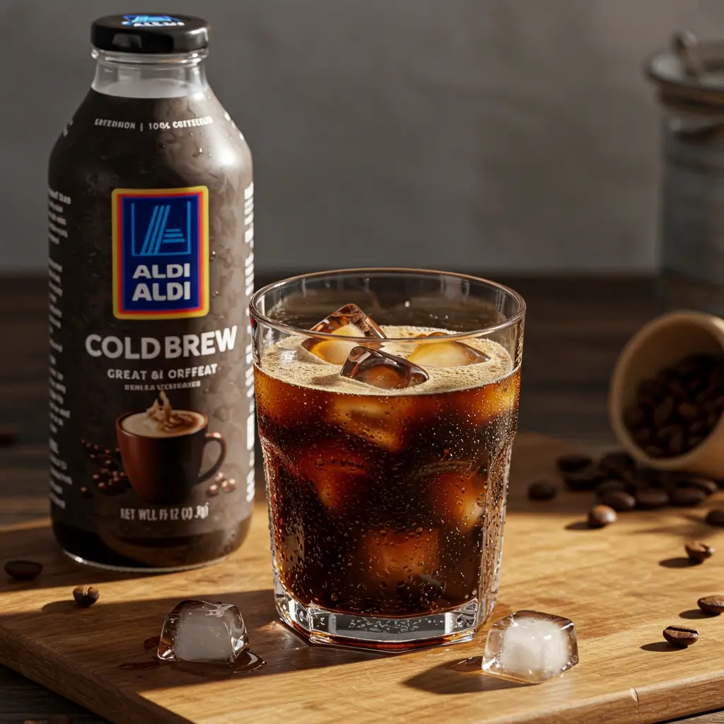 Glass of Aldi iced coffee with condensation and ice cubes beside Aldi cold brew bottle on wooden table