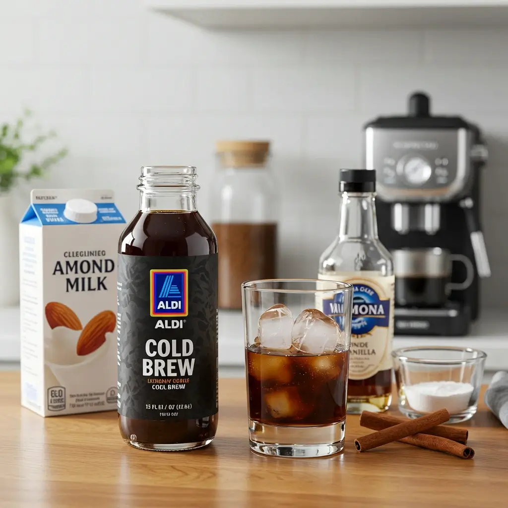 Step-by-step Aldi iced coffee preparation with cold brew bottle, glass with ice, and flavorings
