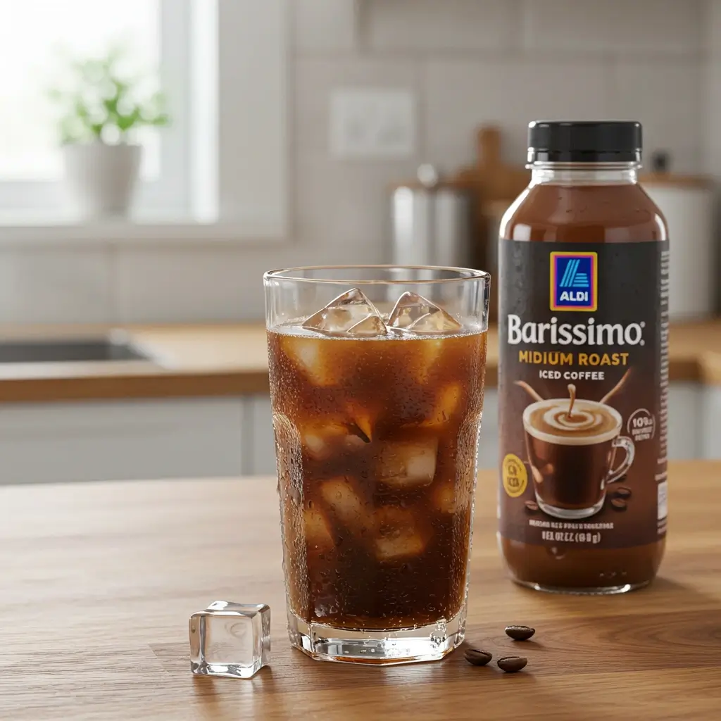 Aldi Barissimo iced coffee varieties with glass of medium roast over ice and pods on wooden counter