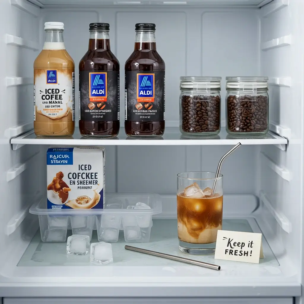 Aldi iced coffee bottles in fridge with coffee beans, ice tray, and glass with straw on counter
