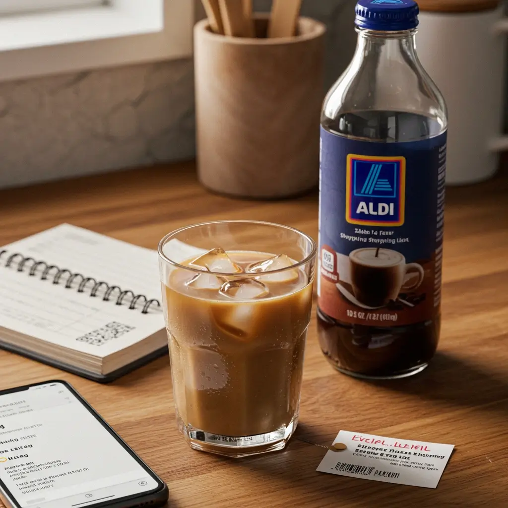 Aldi iced coffee glass with condensation and cold brew bottle featuring price tag on cozy kitchen counter