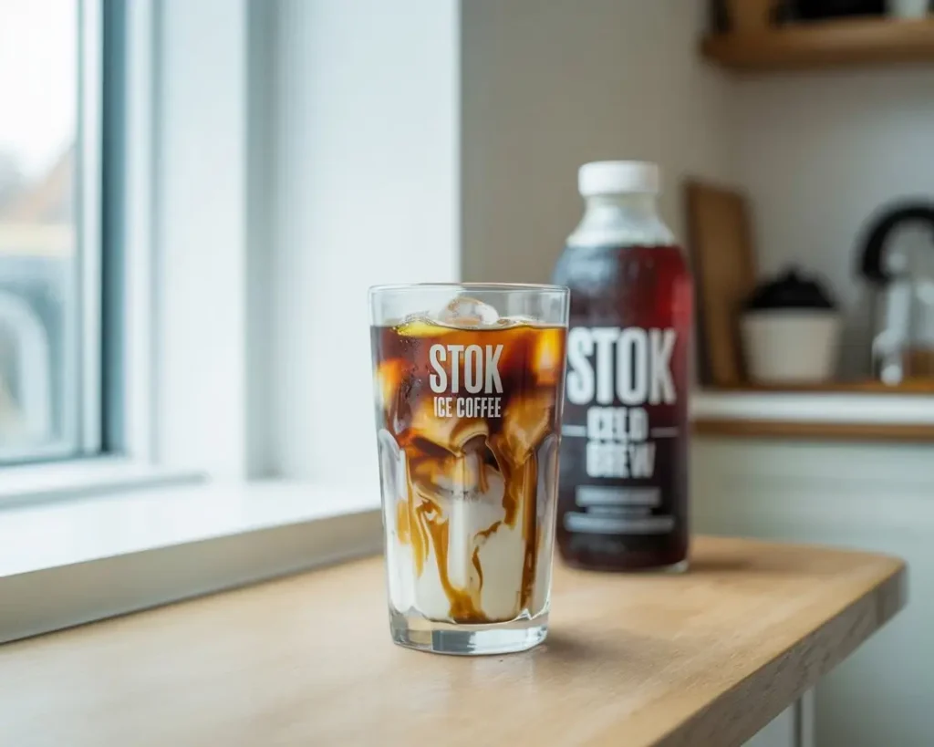Tall glass of Stok iced coffee with creamy milk swirl and ice near window with Stok bottle