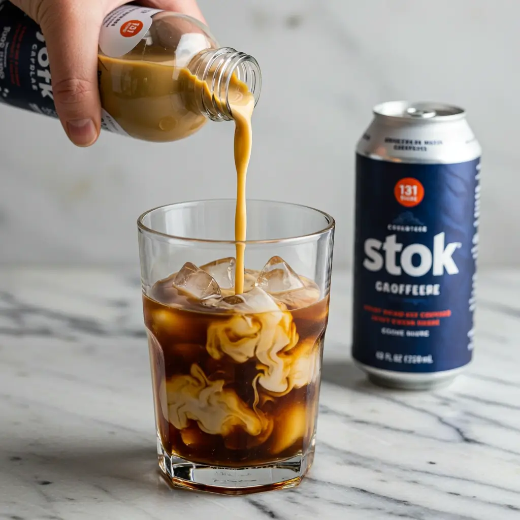 Hand pouring creamy Stok iced coffee over ice with swirling cream on marble countertop
