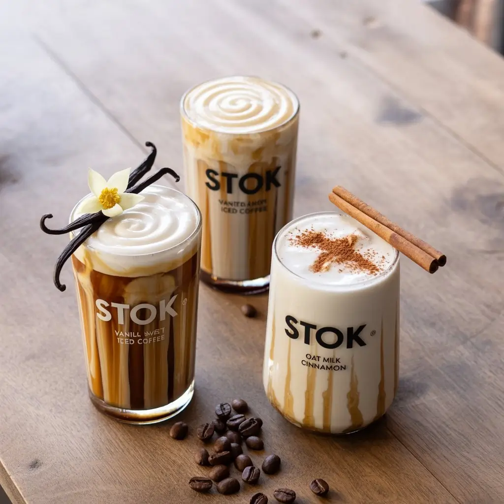 Flat lay of three Stok iced coffee drinks with vanilla cream, oat milk cinnamon, and black coffee on wooden table