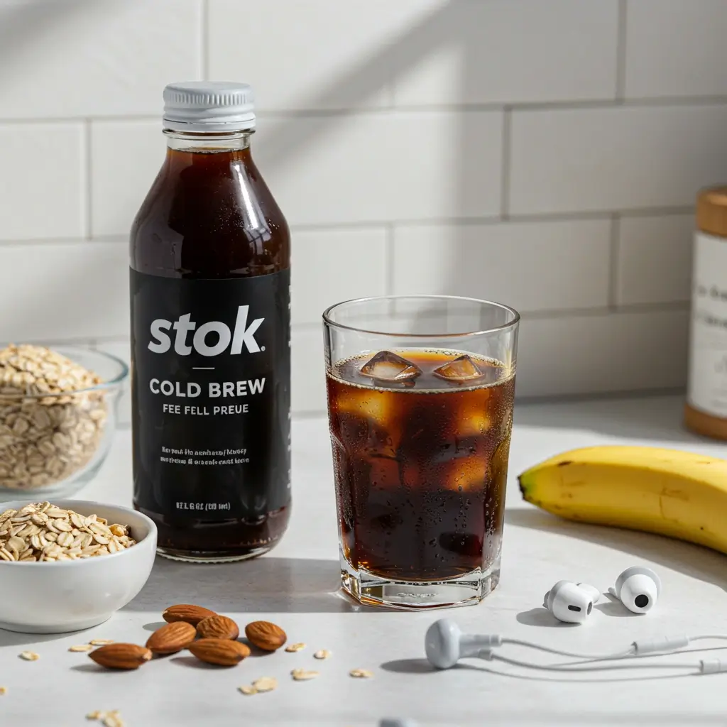 Stok iced coffee bottle with black cold brew glass surrounded by almonds, oats, banana, and earbuds
