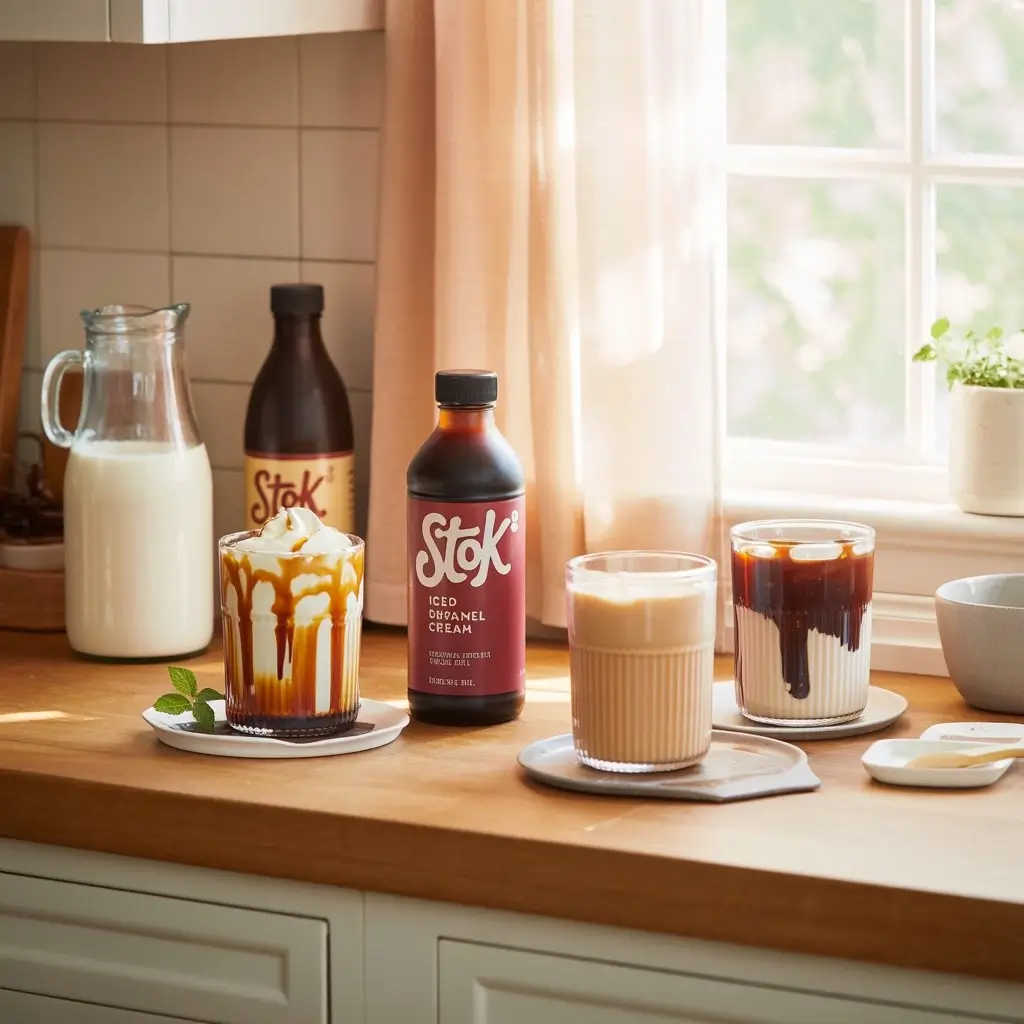 Three homemade Stok iced coffee recipes with caramel, vanilla cream, and chocolate syrup on wooden counter