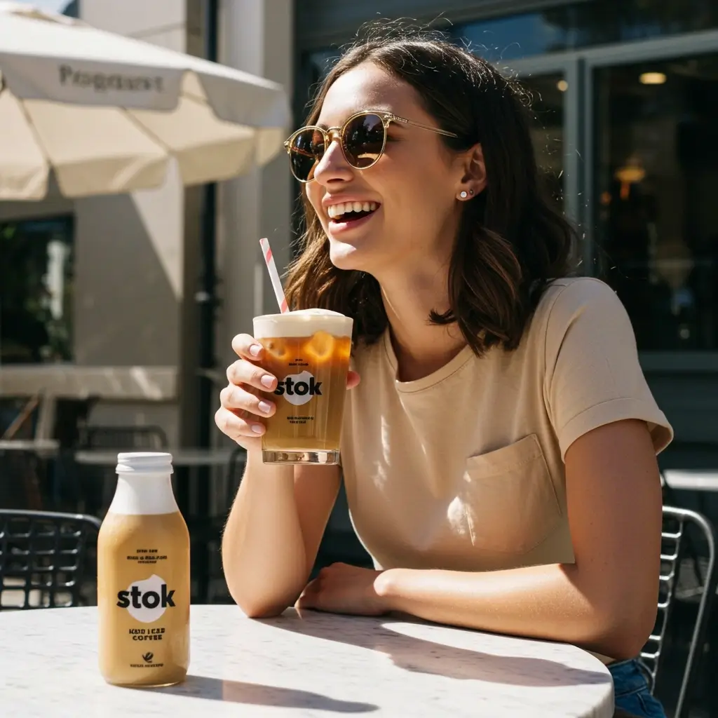 Young adult smiling outdoors at café with creamy Stok iced coffee and branded bottle on table