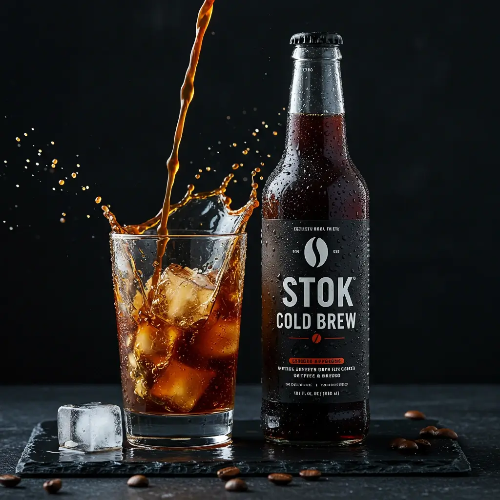 Stok Cold Brew bottle with iced coffee mid-pour into glass, ice cubes and dramatic lighting on slate