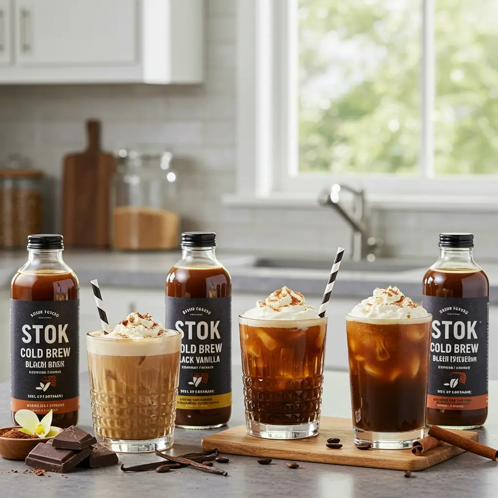 Stok Cold Brew bottles with matching iced coffee drinks and garnishes on kitchen counter