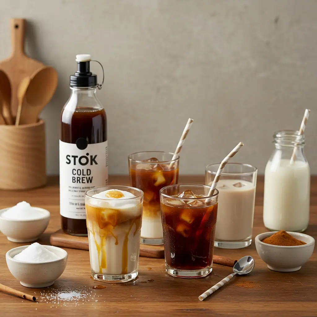 Cozy home kitchen with DIY Stok cold brew station and glasses customized with milk, caramel, and cinnamon