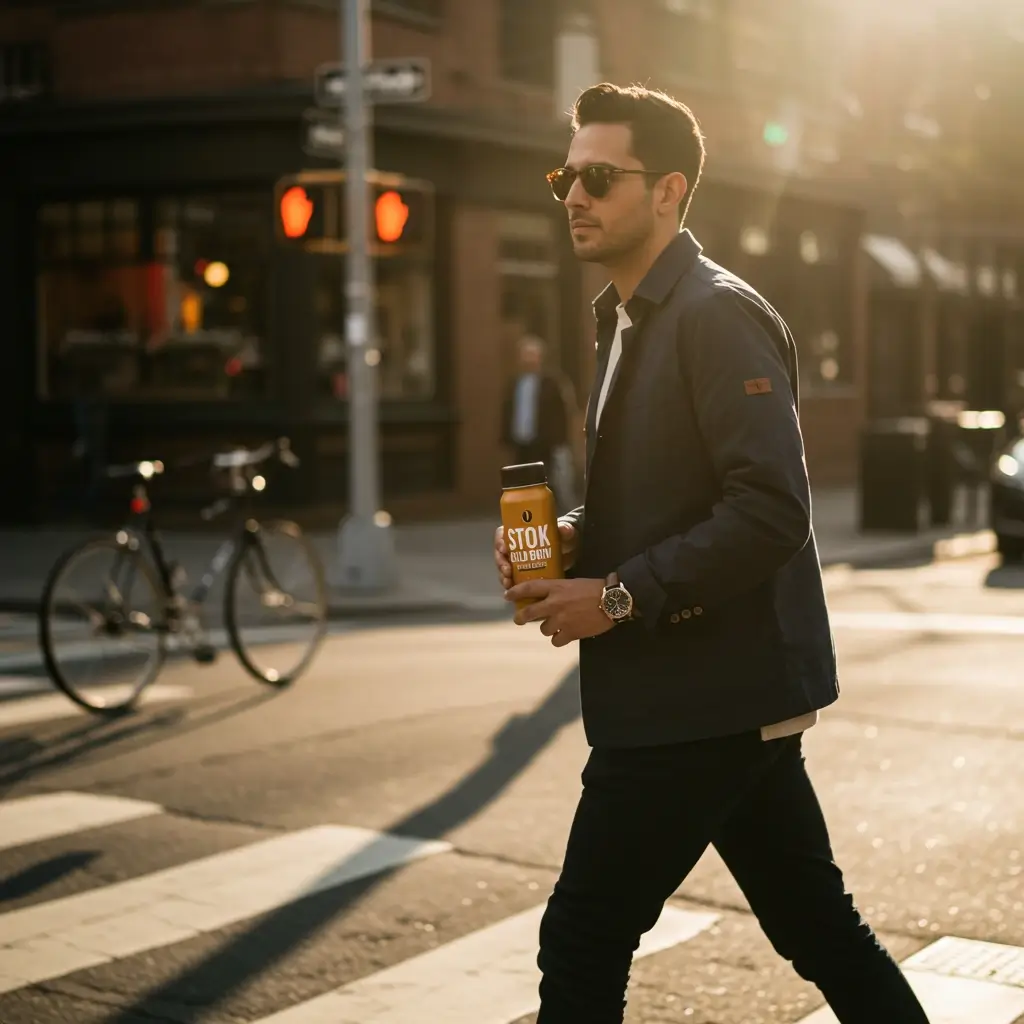 Commuter walking city street holding Stok Cold Brew bottle with sunglasses and morning sunlight