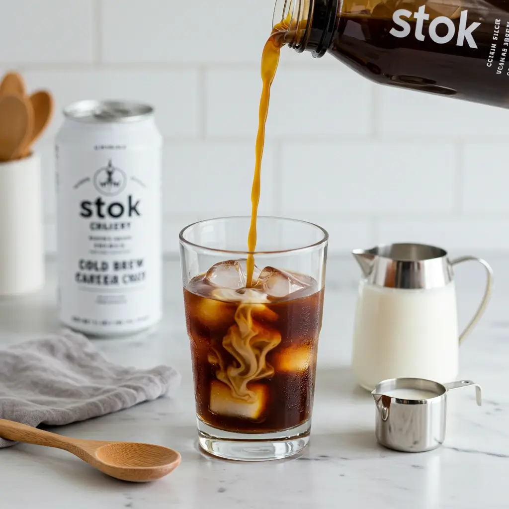 Step-by-step Stok cold brew iced coffee with ice, pouring coffee, and milk swirl on kitchen counter