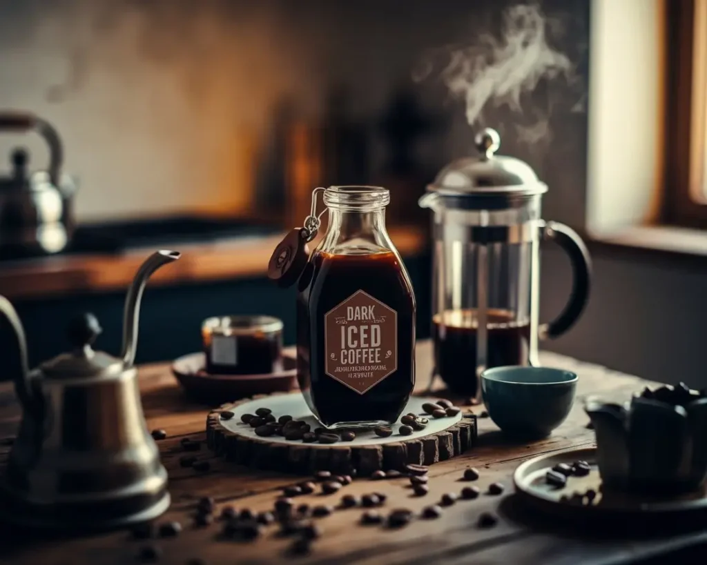 Iced coffee concentrate bottle with beans and French press on rustic table, warm light