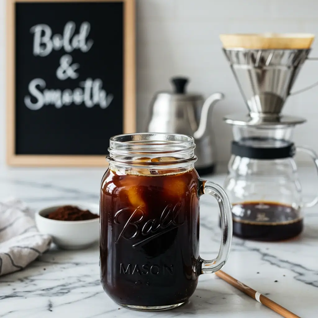 Close-up of mason jar with iced coffee concentrate beside pour-over setup on marble counter