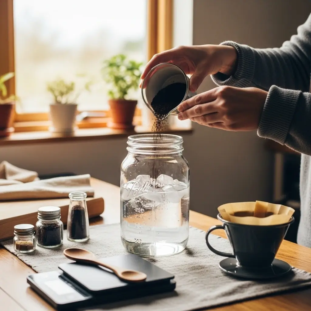 Hands pouring coarse coffee grounds into glass jar with cold water on cozy kitchen counter