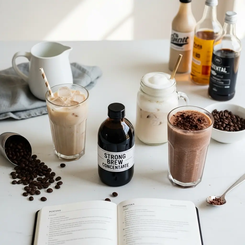 Flat lay of three iced coffee drinks with oat milk, vanilla foam, and chocolate blend around concentrate bottle