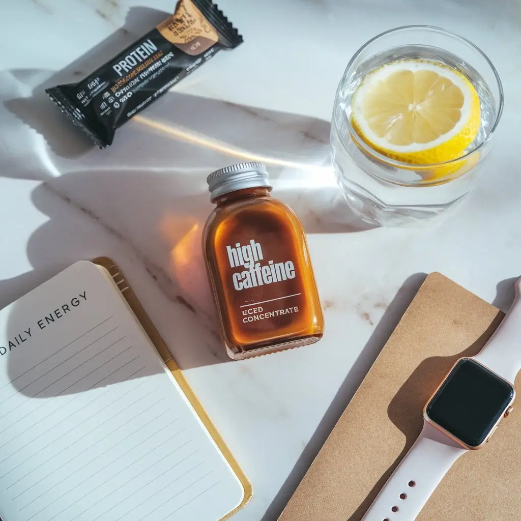 Flat lay of iced coffee concentrate labeled “High Caffeine” with wellness items on white marble