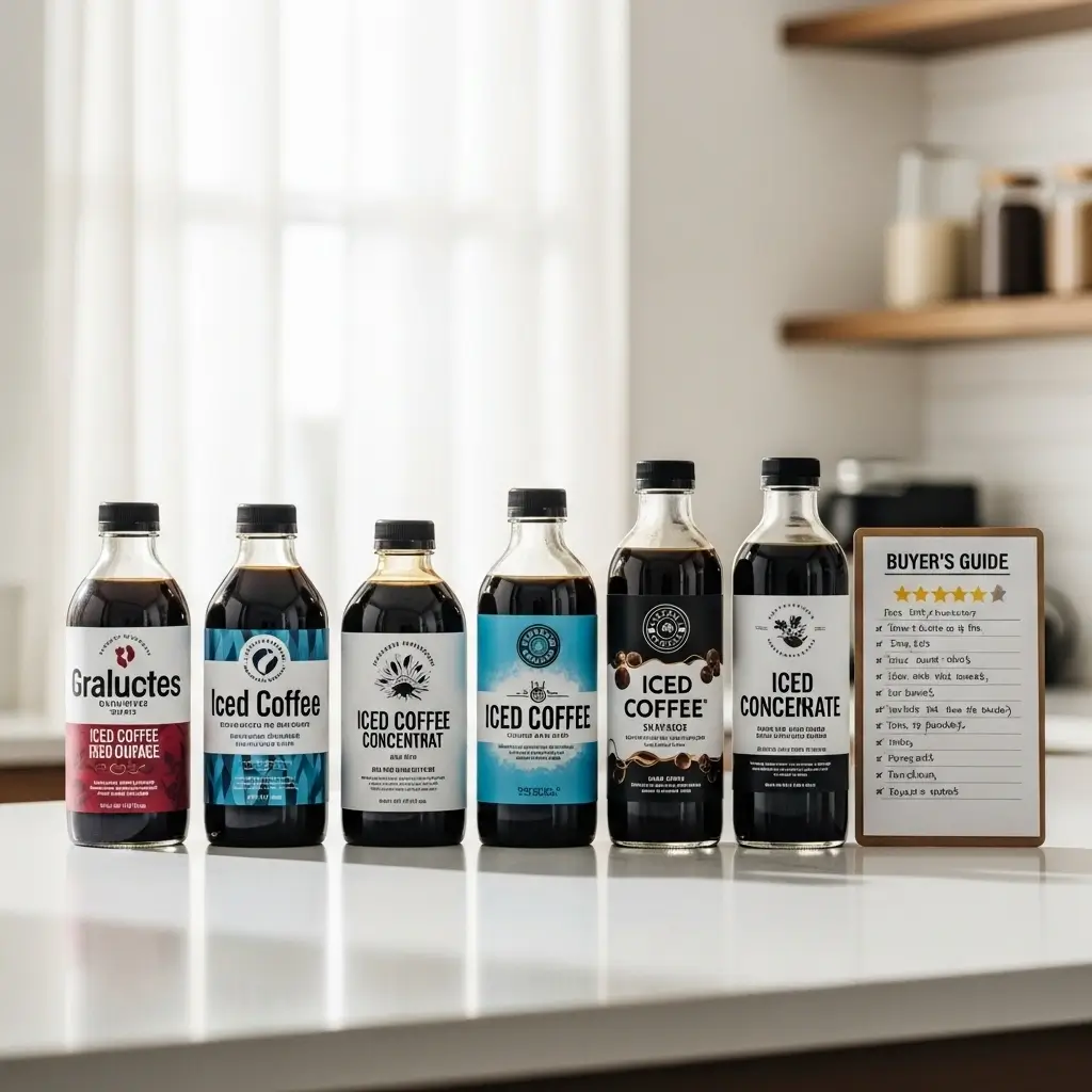 Lineup of 4 iced coffee concentrate bottles with varied labels on kitchen counter and buyer’s guide card