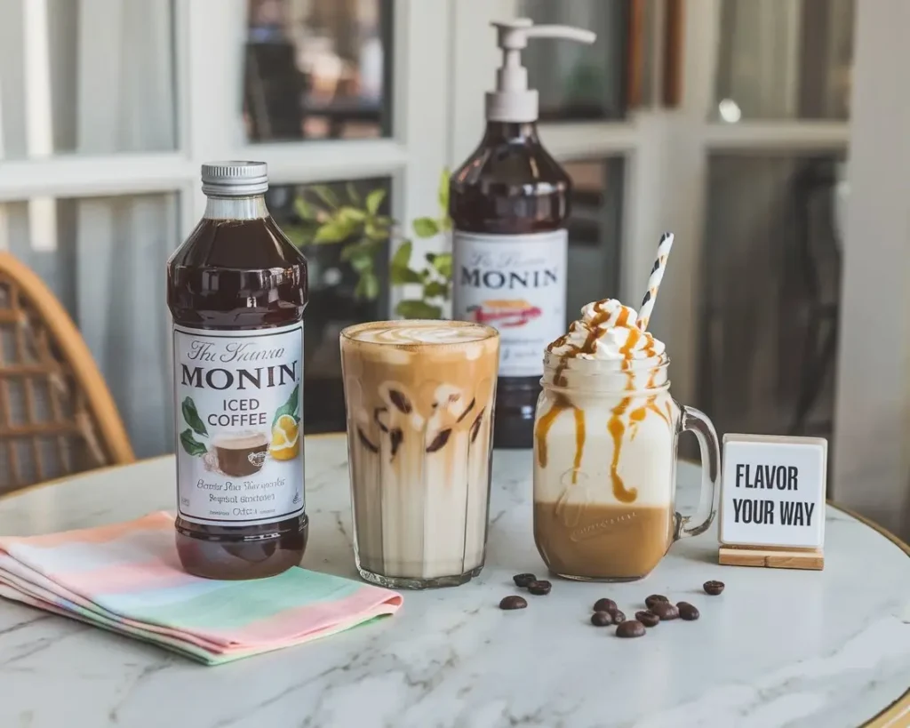 Monin iced coffee concentrate bottle with classic latte and caramel iced coffee on café table