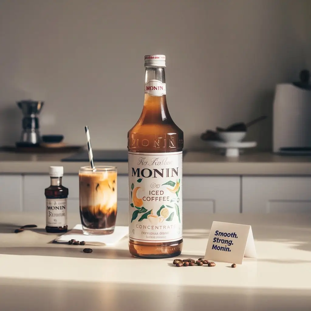 Close-up of Monin Iced Coffee Concentrate bottle with iced coffee and syrup on countertop