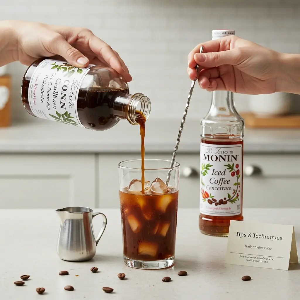 Pouring Monin Iced Coffee Concentrate into iced glass with milk jug and syrup on kitchen counter