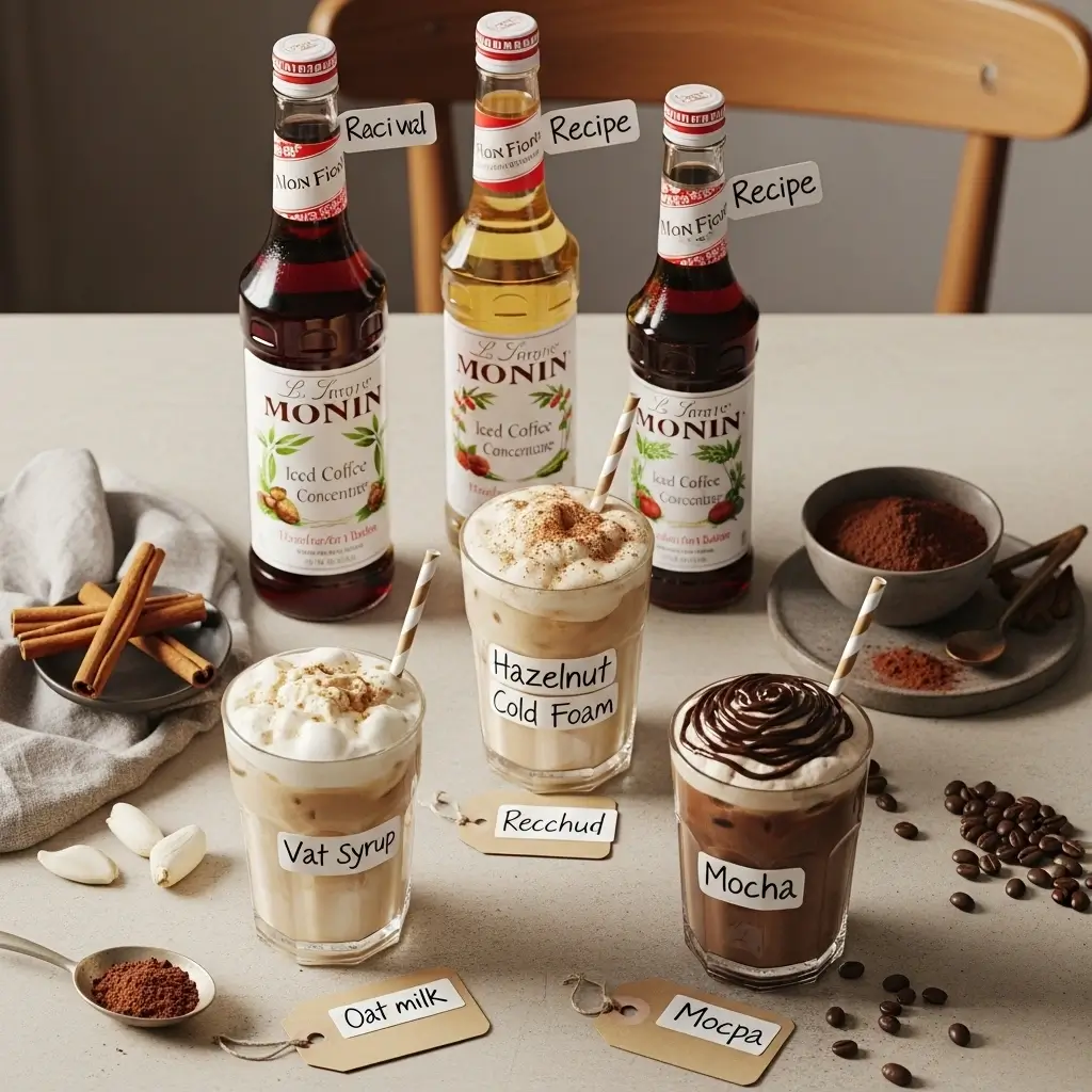 Flat lay of three iced coffees with Monin concentrate and syrup bottles, labeled recipes