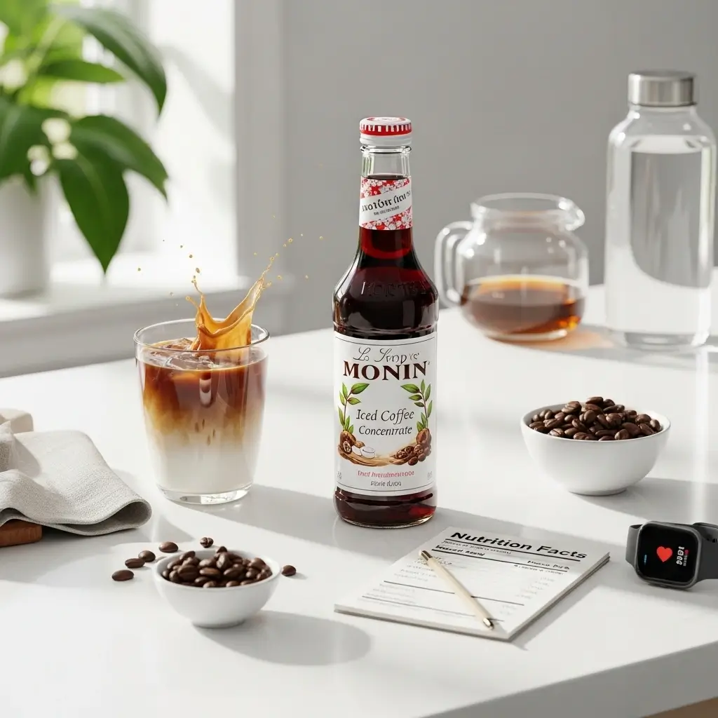 Monin Iced Coffee Concentrate on kitchen counter with iced coffee, coffee beans, and wellness items