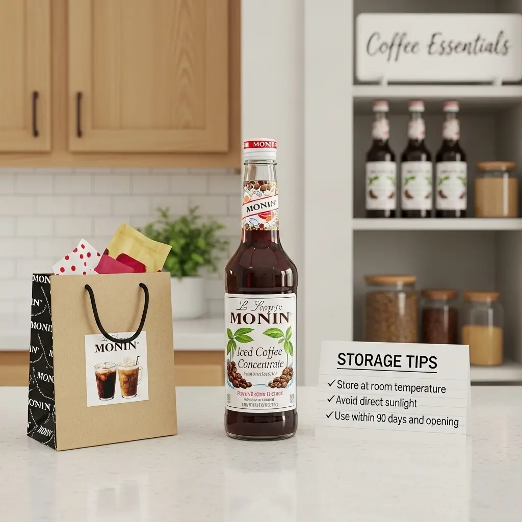 Monin Iced Coffee Concentrate on countertop with shopping bag and pantry shelf labeled Coffee Essentials