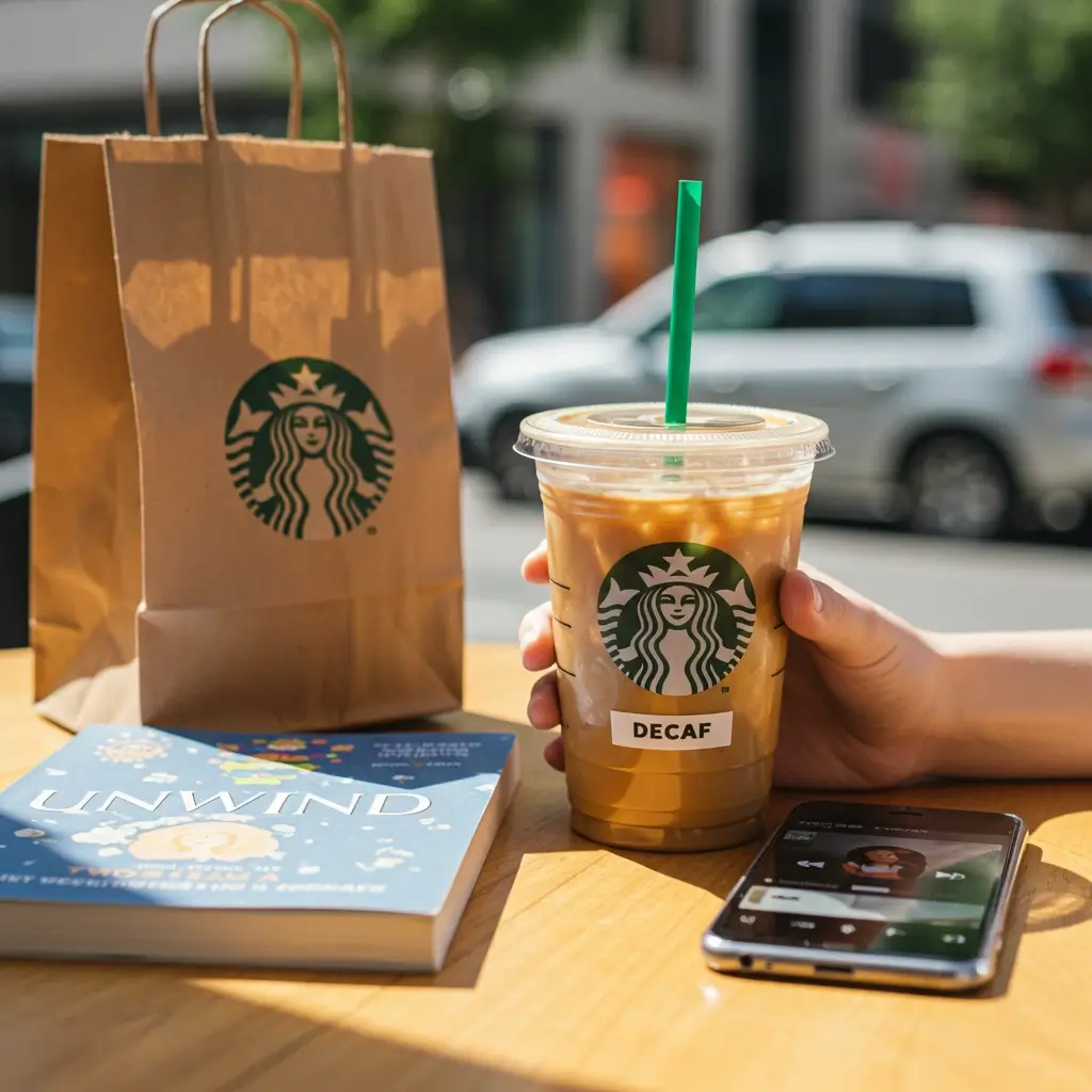 Young adult at café table holding Starbucks decaf iced coffee with book and podcast nearby
