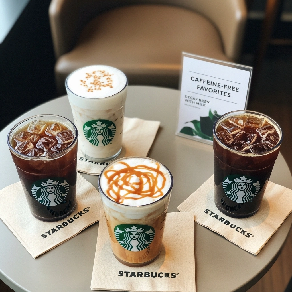 Top-down view of four Starbucks decaf iced coffees with name tags on a cozy café table