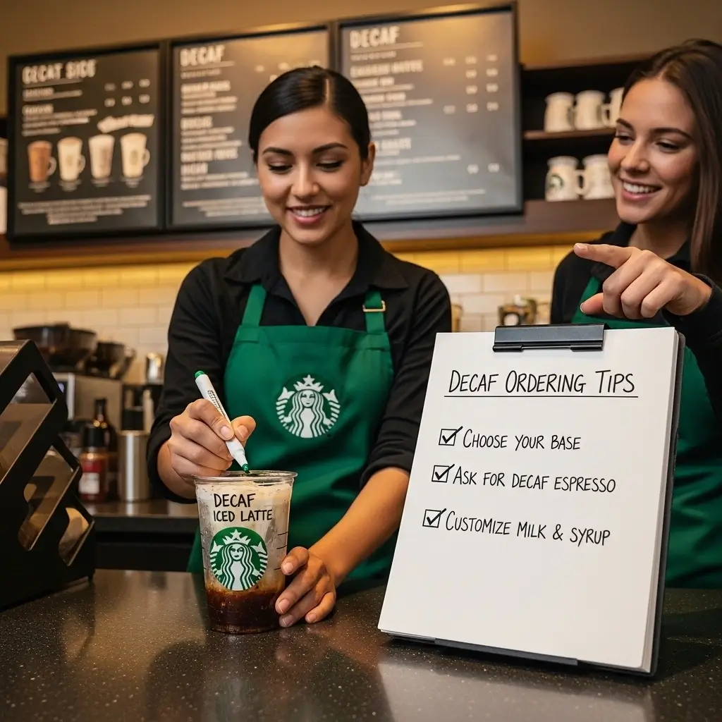 Barista writing “Decaf Iced Latte” on Starbucks cup as customer points at menu