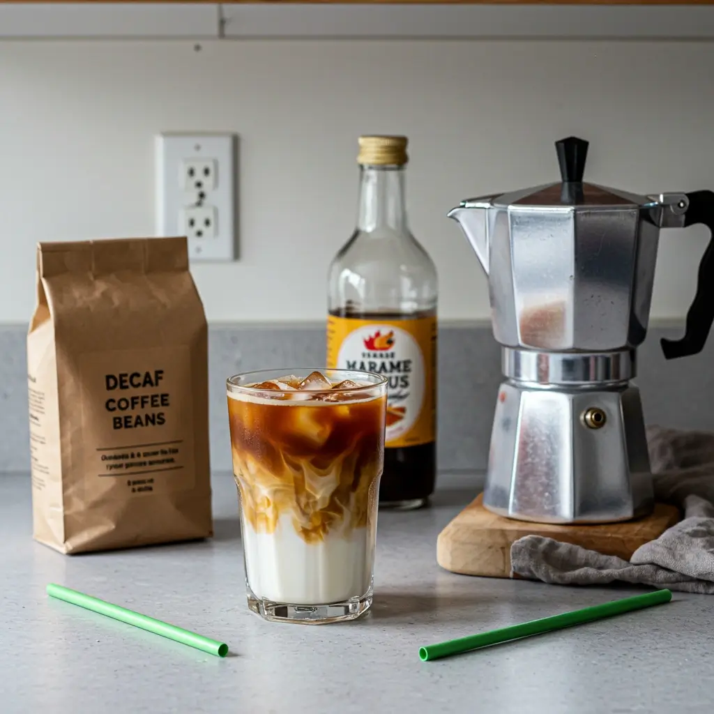 Homemade decaf iced coffee with milk swirls on kitchen counter next to decaf beans and espresso maker