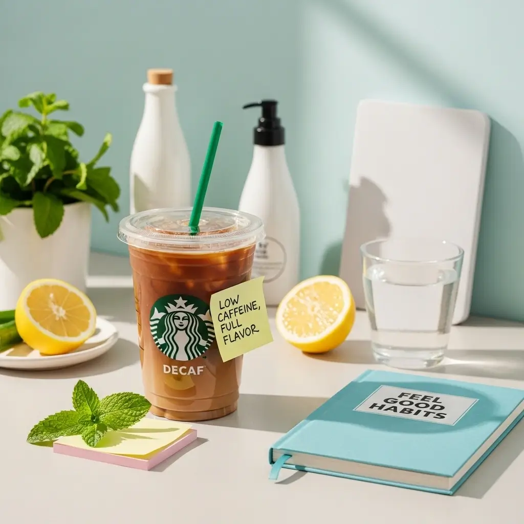 Starbucks decaf iced coffee on workspace with wellness journal and fresh mint and lemon