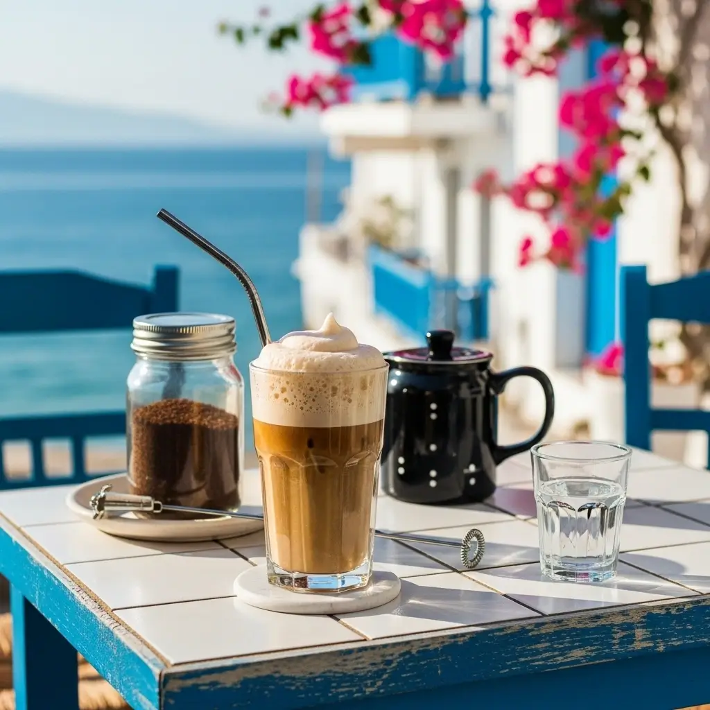 Greek frappé with foam and straw on seaside café table with instant coffee and frother nearby