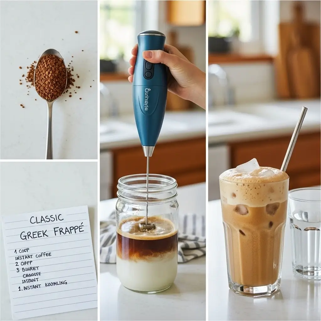 Step-by-step Greek frappé setup with instant coffee, frother, and finished iced drink on kitchen counter