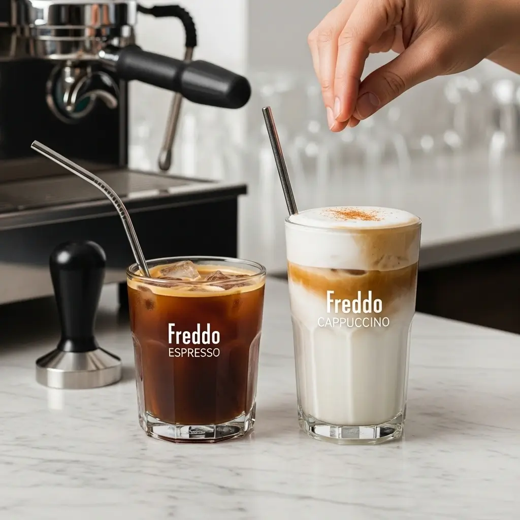Freddo Espresso and Freddo Cappuccino on marble café counter with barista adding cinnamon