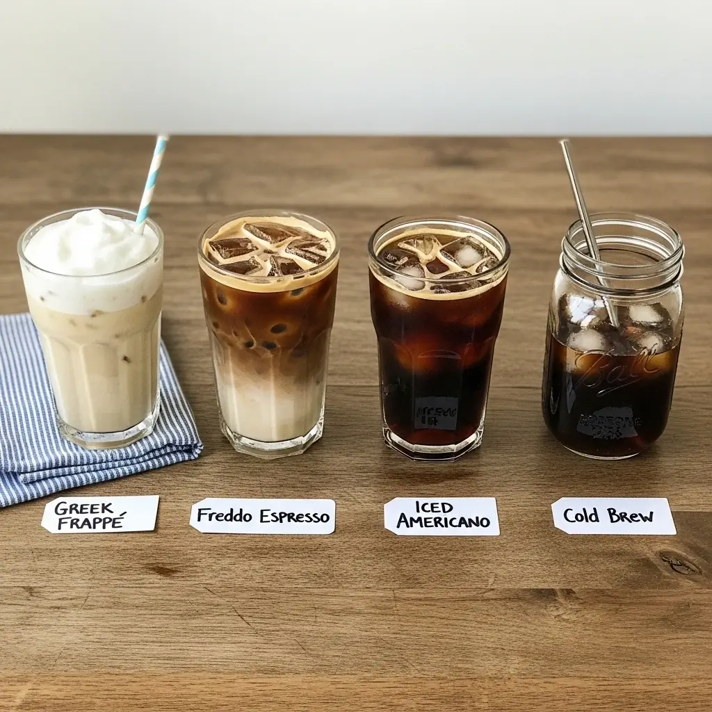 Flat lay of four iced coffees labeled Greek Frappé, Freddo Espresso, Iced Americano, and Cold Brew on wooden table