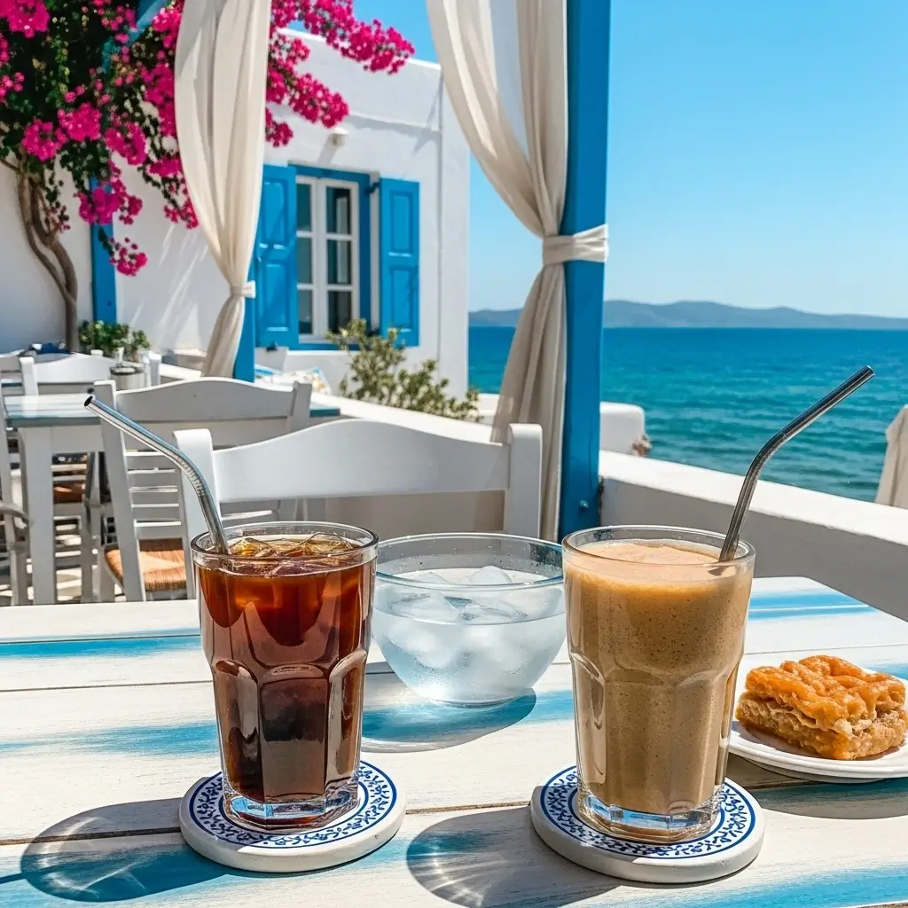 Freddo Espresso and Greek frappé on seaside café table overlooking Aegean Sea with Greek pastry