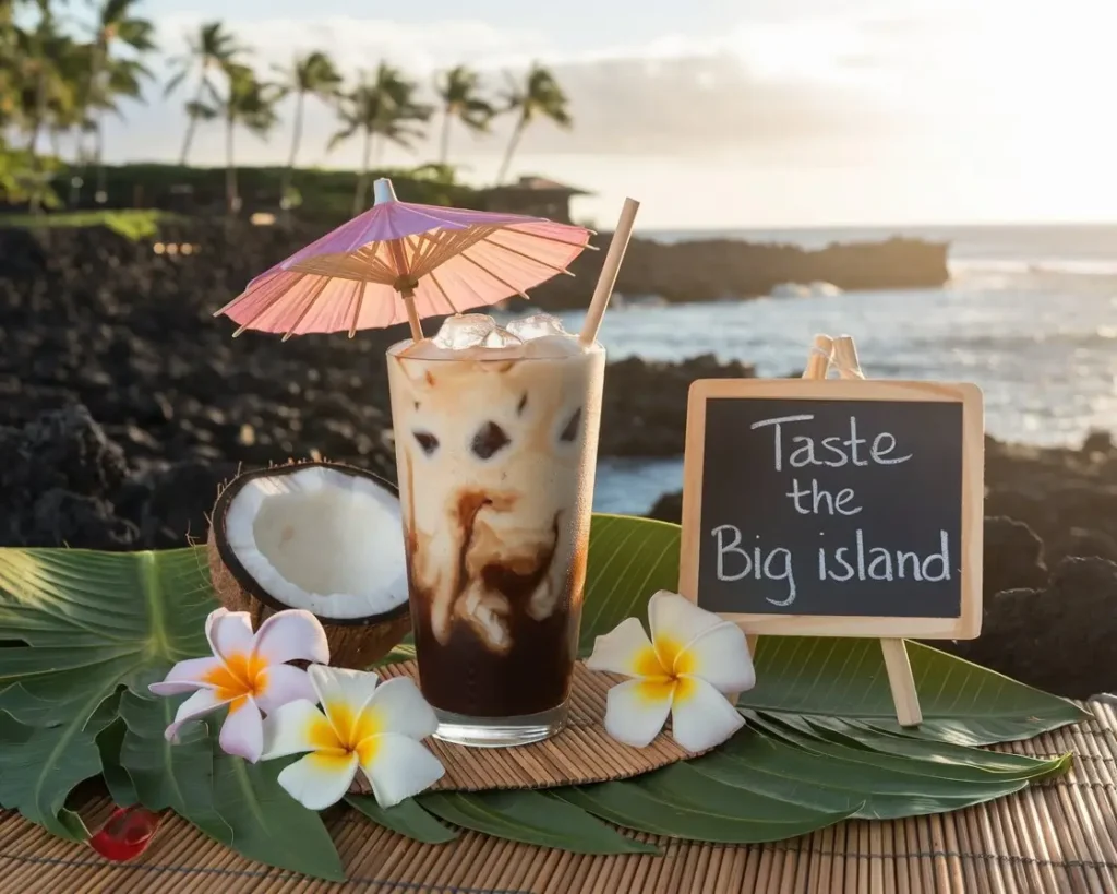 Hilo iced coffee with coconut milk, tropical flowers, and coastline view on bamboo mat
