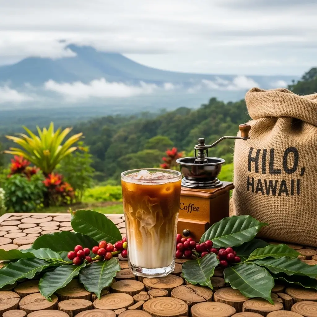 Hilo iced coffee with creamy swirls, coffee cherries, and rainforest view on driftwood table