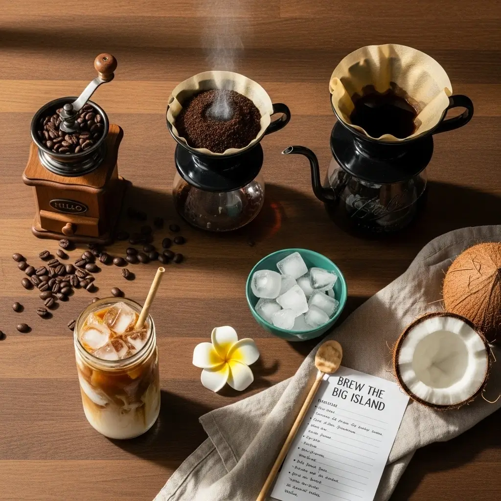 4-step process of making Hilo iced coffee with grinder, dripper, ice, and coconut milk swirl
