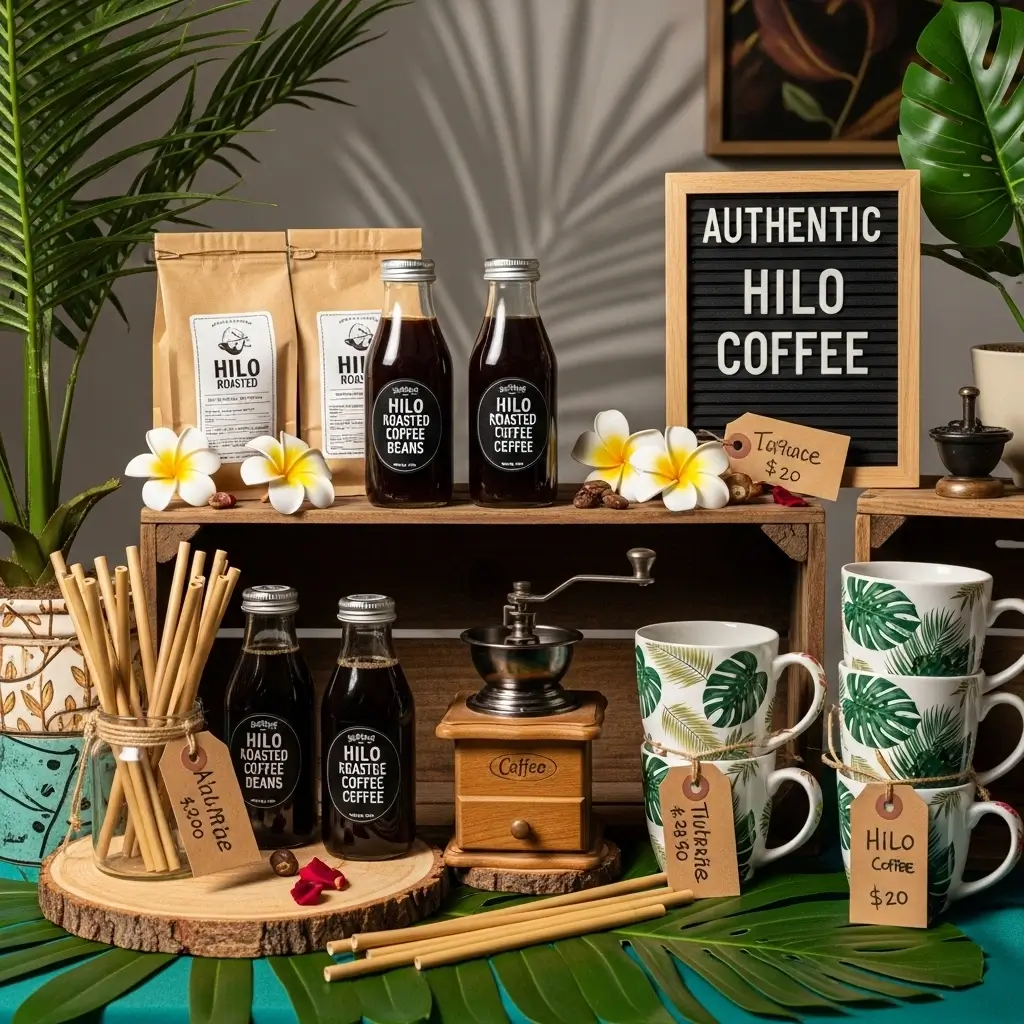 Rustic Hawaiian market stall with Hilo coffee bags, bottles, grinder, and tropical mugs