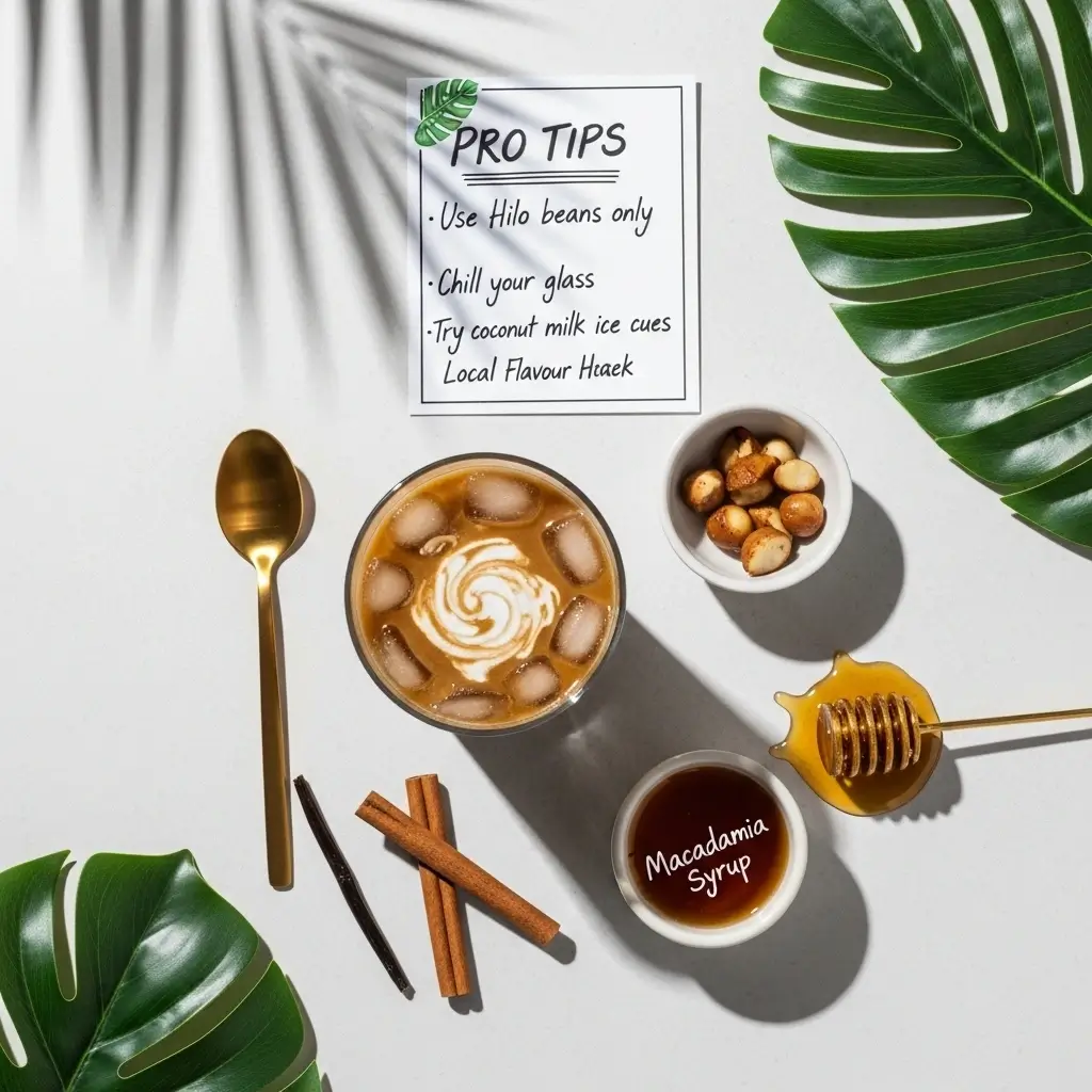 Flat lay of Hilo iced coffee with coconut milk and flavor add-ons like vanilla, cinnamon, syrup, and honey