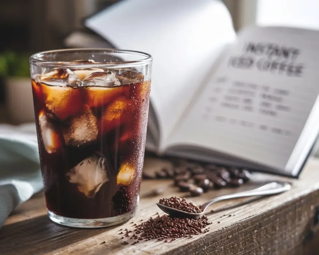 Close-up of glass with dark instant iced coffee and ice, spoon with granules on wooden table